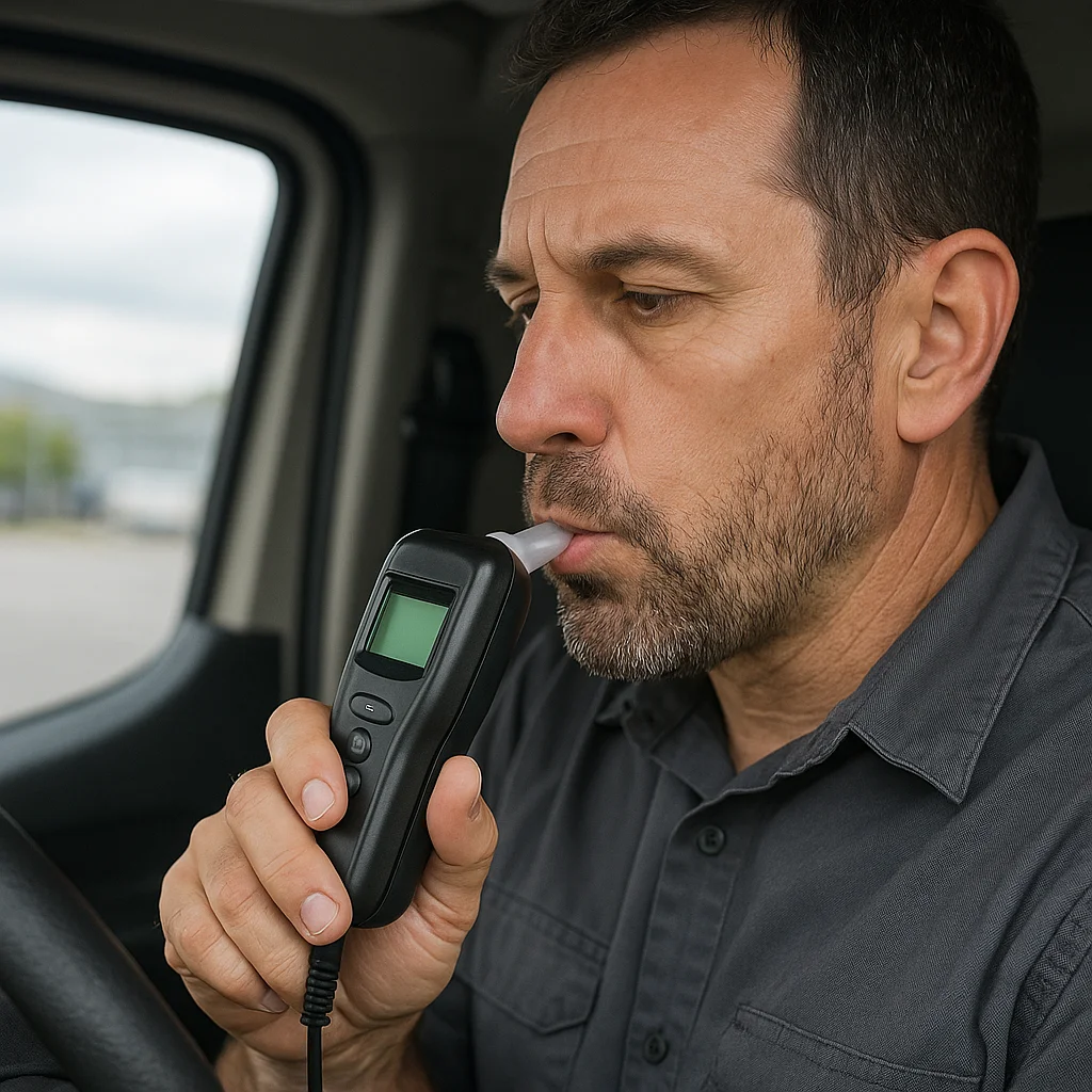 Driver using alcohol breathalyzer device in vehicle cab before starting trip