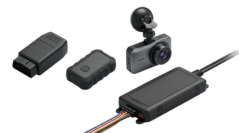 GPS tracking devices including OBD-II dongle, compact tracker, dash cam, and control unit