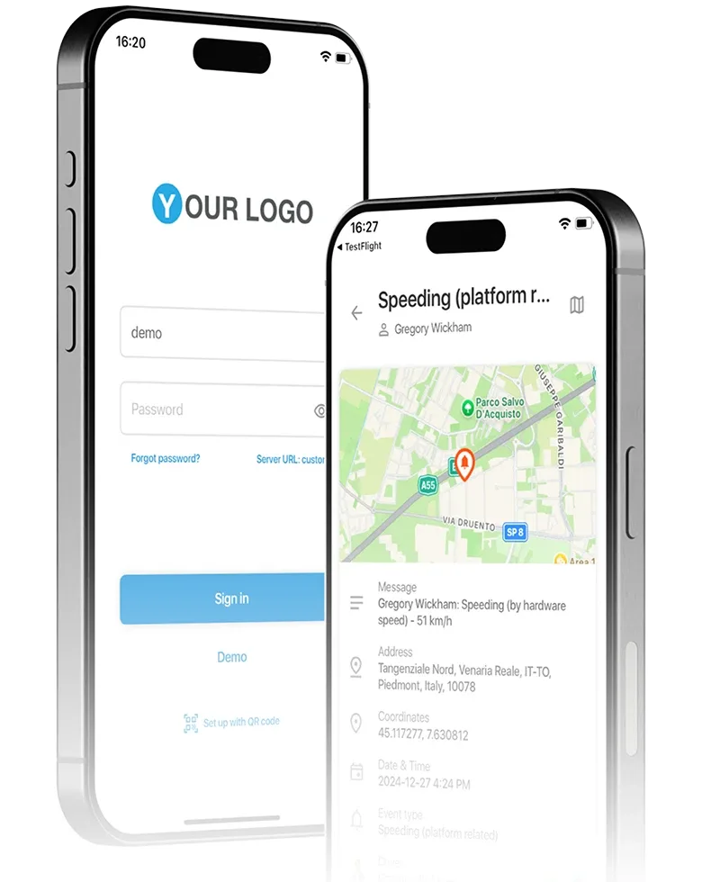 White-label X-GPS app login screen with a custom company logo