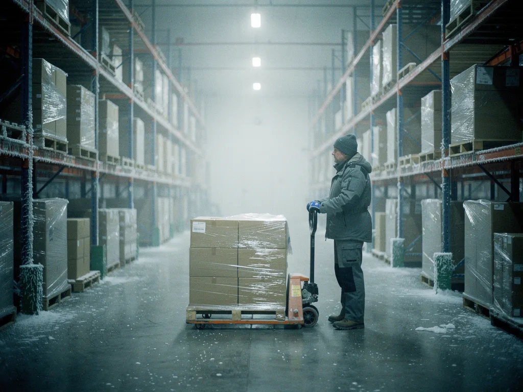 A worker in an insulated jacket moving a pallet down a frosted cold-storage aisle, frost on the racking and vapor in the air