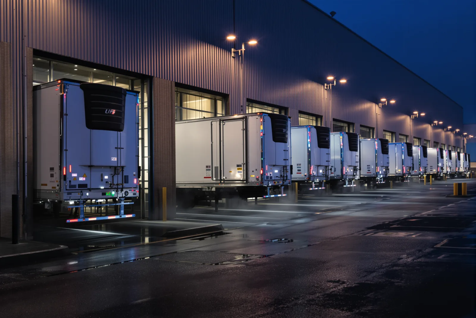 A refrigerated trailer backed into a distribution-center dock at dawn, cold vapor at the seal, a worker checking a handheld scanner
