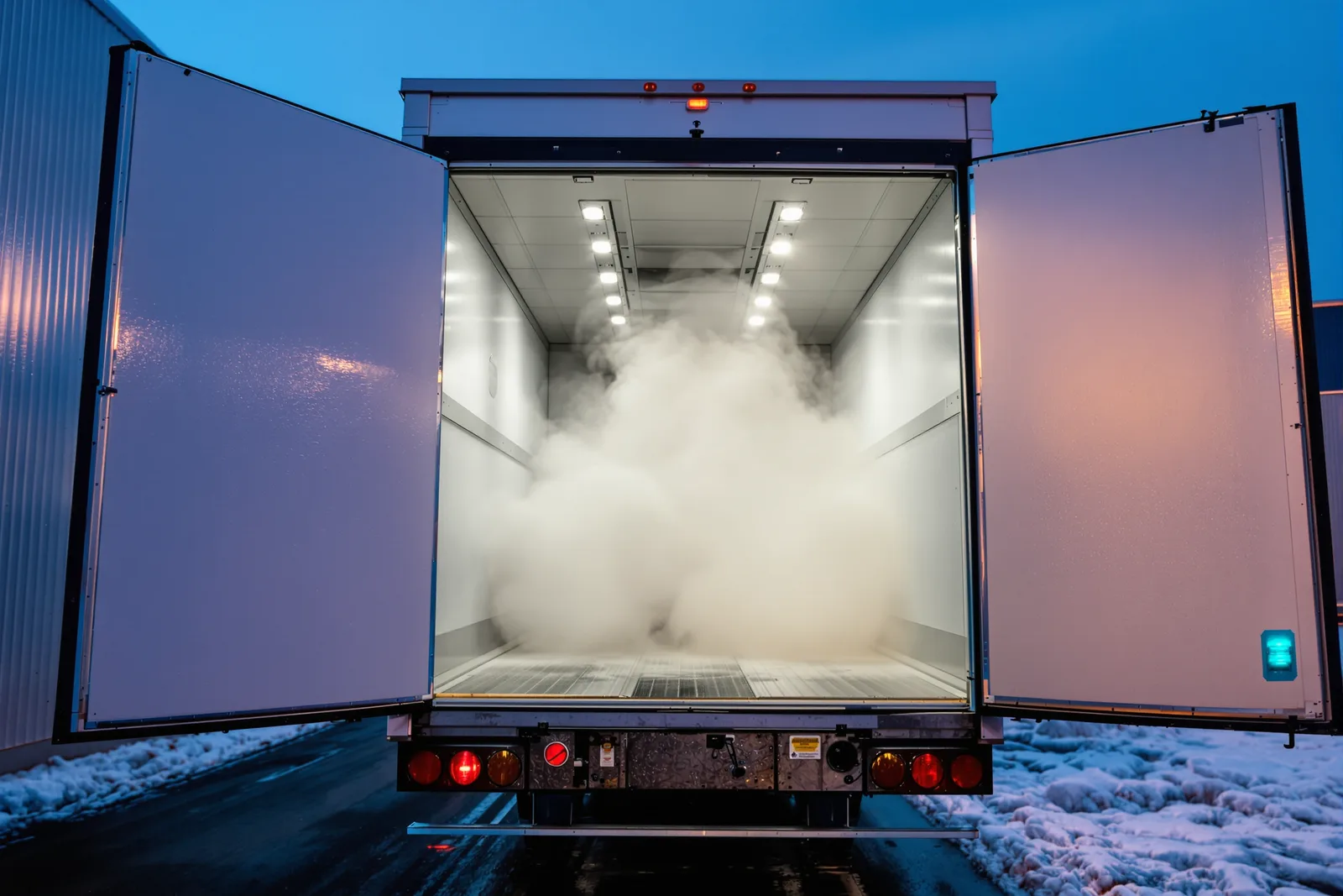 A worker in an insulated jacket moving a pallet down a frosted cold-storage aisle, frost on the racking and vapor in the air