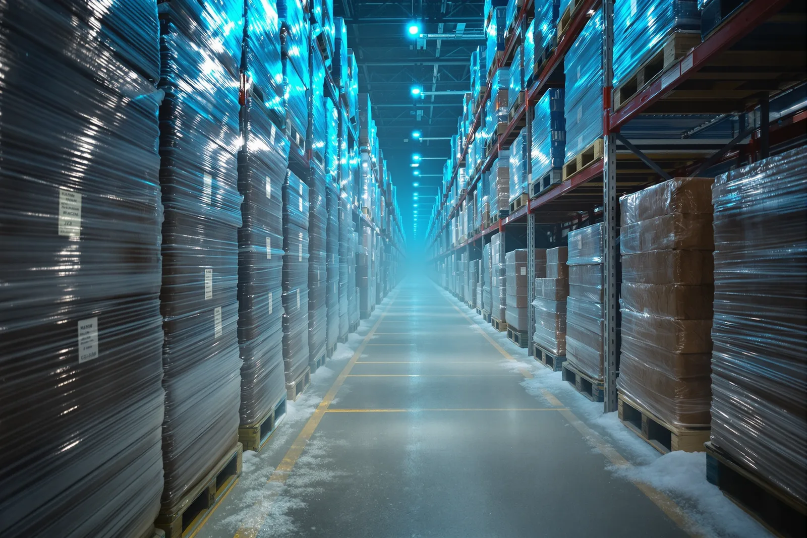 Frost-covered ice-cream tubs and cartons stacked on a pallet inside a deep-freeze cold store