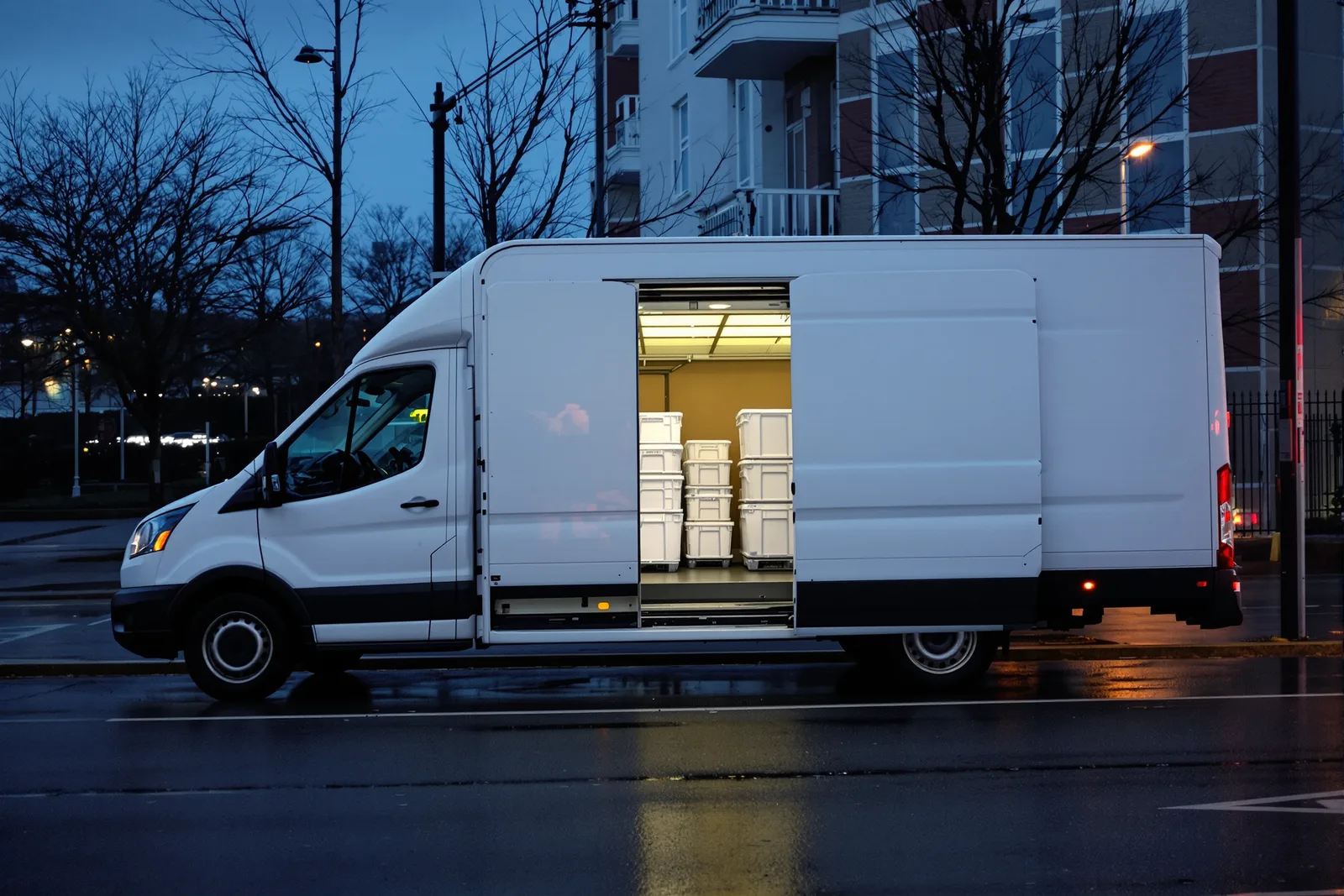 A white refrigerated delivery van at the curb with its rear doors open, stacked insulated delivery totes inside