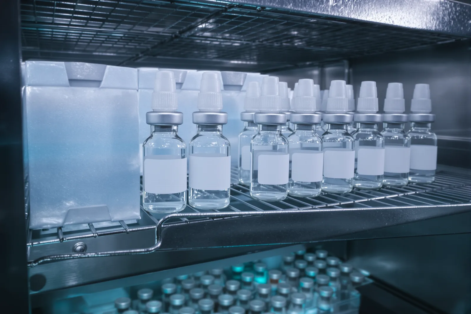 Glass vaccine vials with blue caps resting on frozen gel packs inside a white insulated medical cooler, cold vapor rising