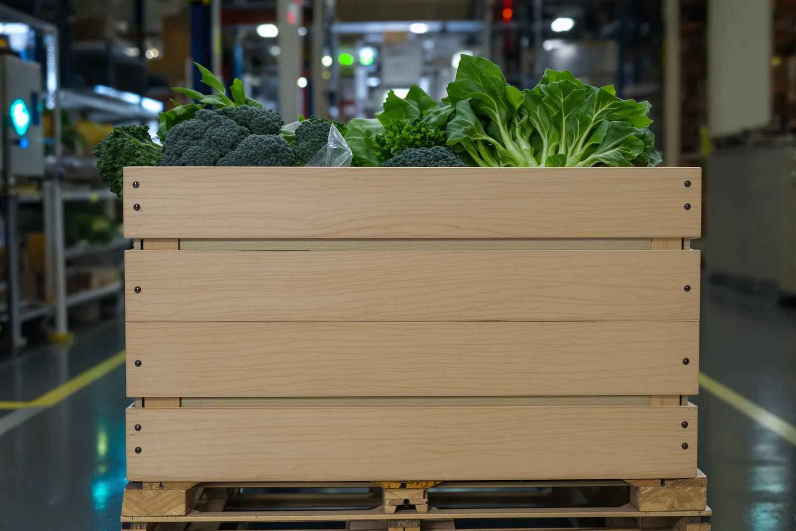 A wooden crate of fresh leafy greens, broccoli and herbs in a chilled produce warehouse