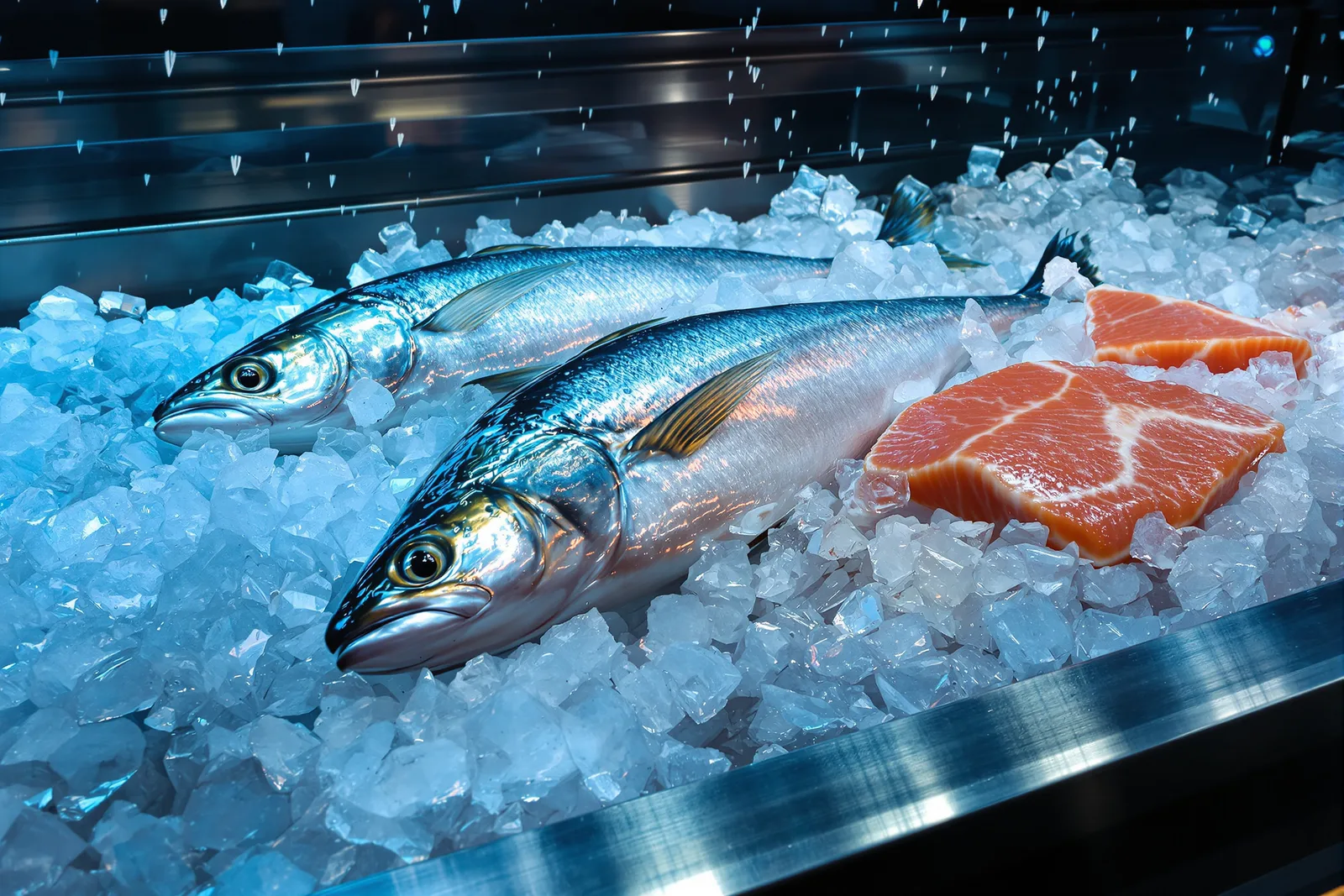 Ein ganzer Fisch und Lachsfilets auf gebrochenem Eis auf einer gekühlten Edelstahltheke