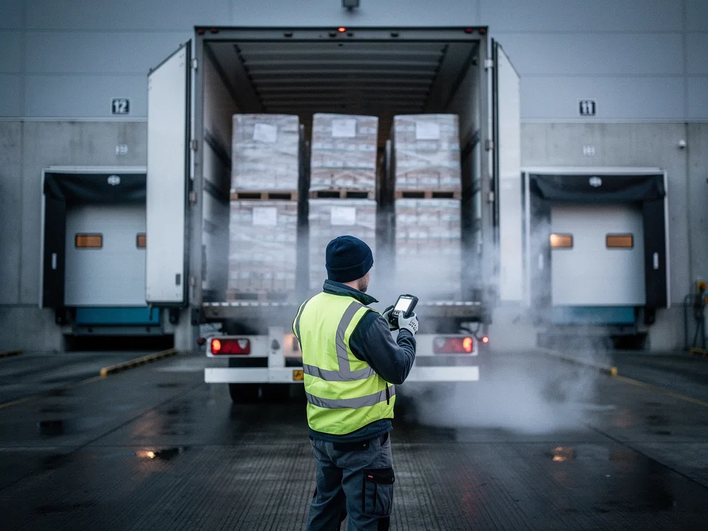 A refrigerated trailer backed into a distribution-center dock at dawn, cold vapor at the seal, a worker checking a handheld scanner
