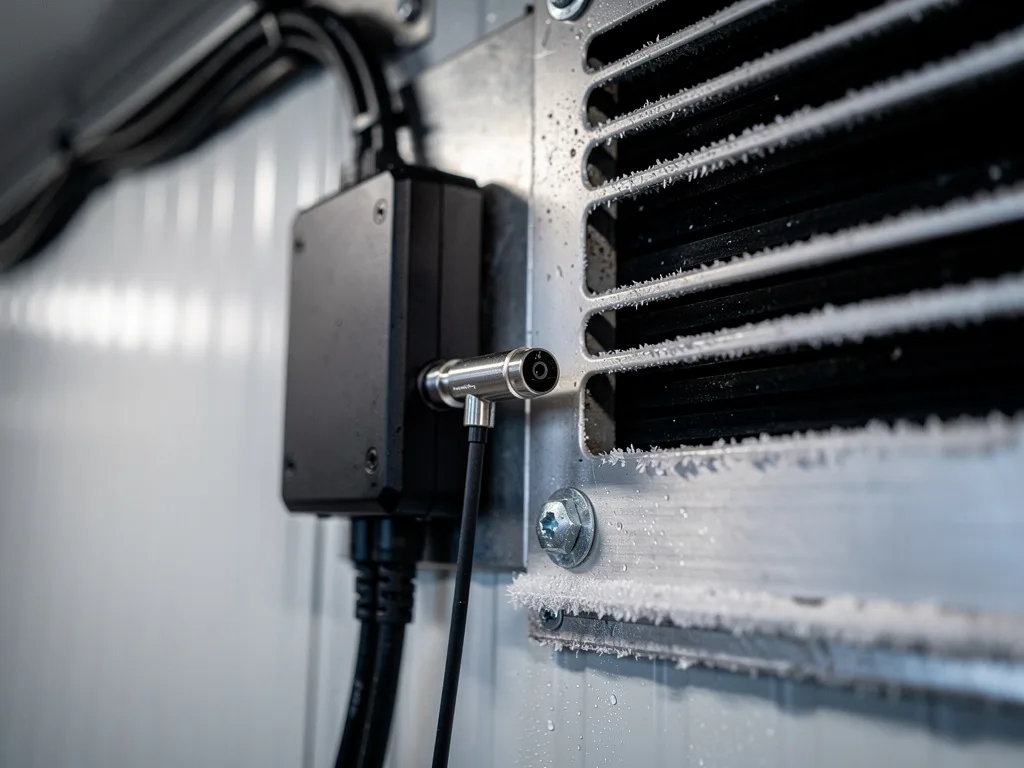 A rugged IoT telematics box and a stainless temperature probe mounted on the frosted interior wall of a refrigerated trailer near the return-air grille
