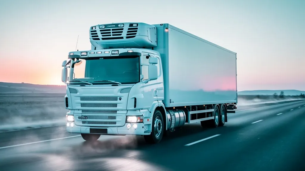 A white refrigerated semi-trailer truck with its reefer unit running, on the highway at dawn