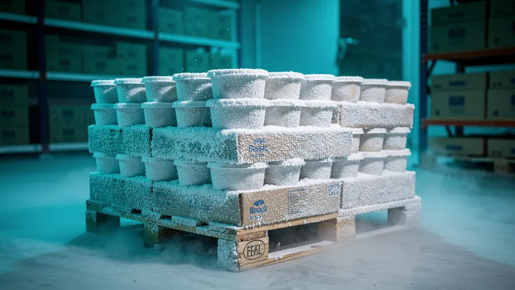 Frost-covered ice-cream tubs and cartons stacked on a pallet inside a deep-freeze cold store