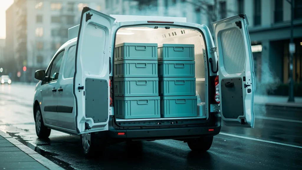 A white refrigerated delivery van at the curb with its rear doors open, stacked insulated delivery totes inside