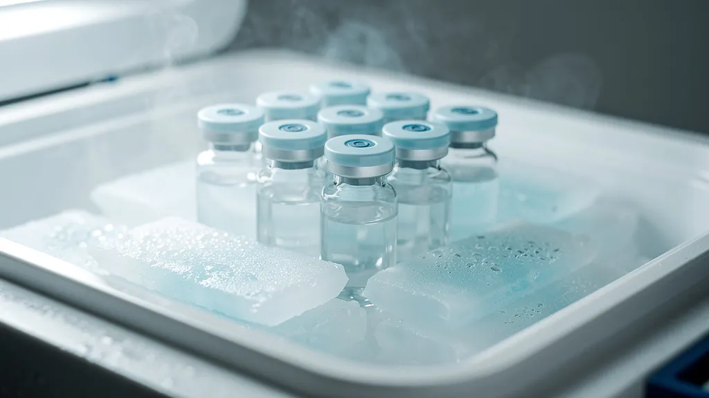 Glass vaccine vials with blue caps resting on frozen gel packs inside a white insulated medical cooler, cold vapor rising