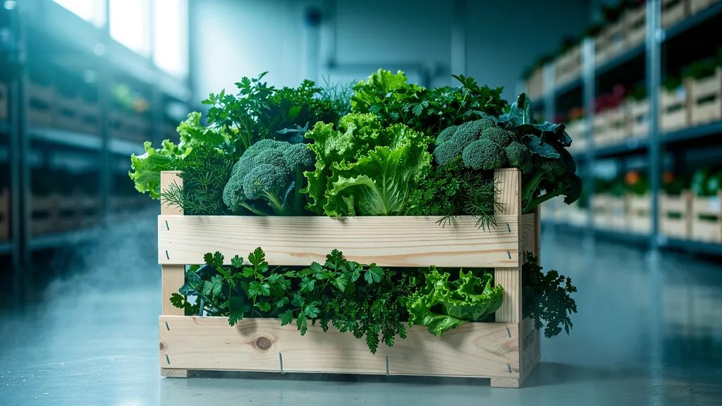 A wooden crate of fresh leafy greens, broccoli and herbs in a chilled produce warehouse