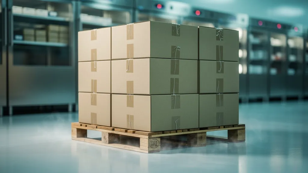 Sealed, tamper-taped shipping cartons on a pallet in a clean controlled-room-temperature warehouse