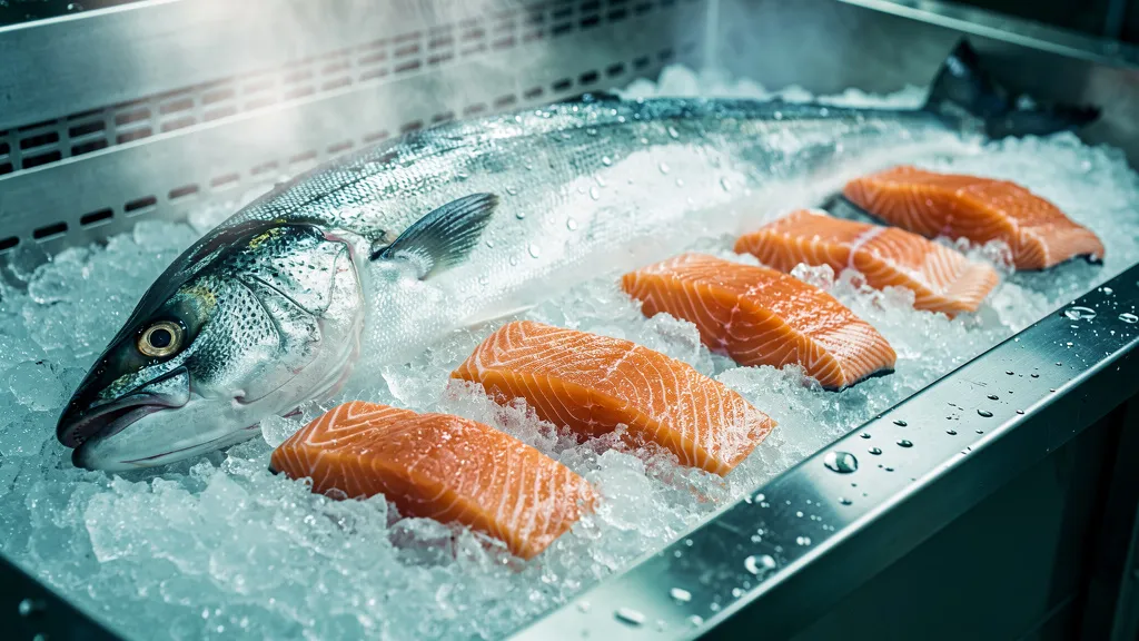 A whole fish and salmon fillets resting on crushed ice on a stainless-steel chilled counter