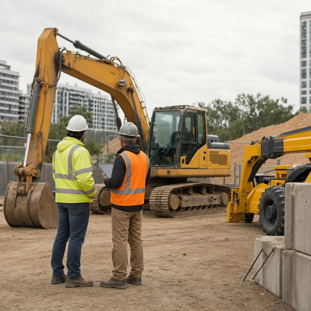 Construction equipment manager and field colleague review an excavator before a move