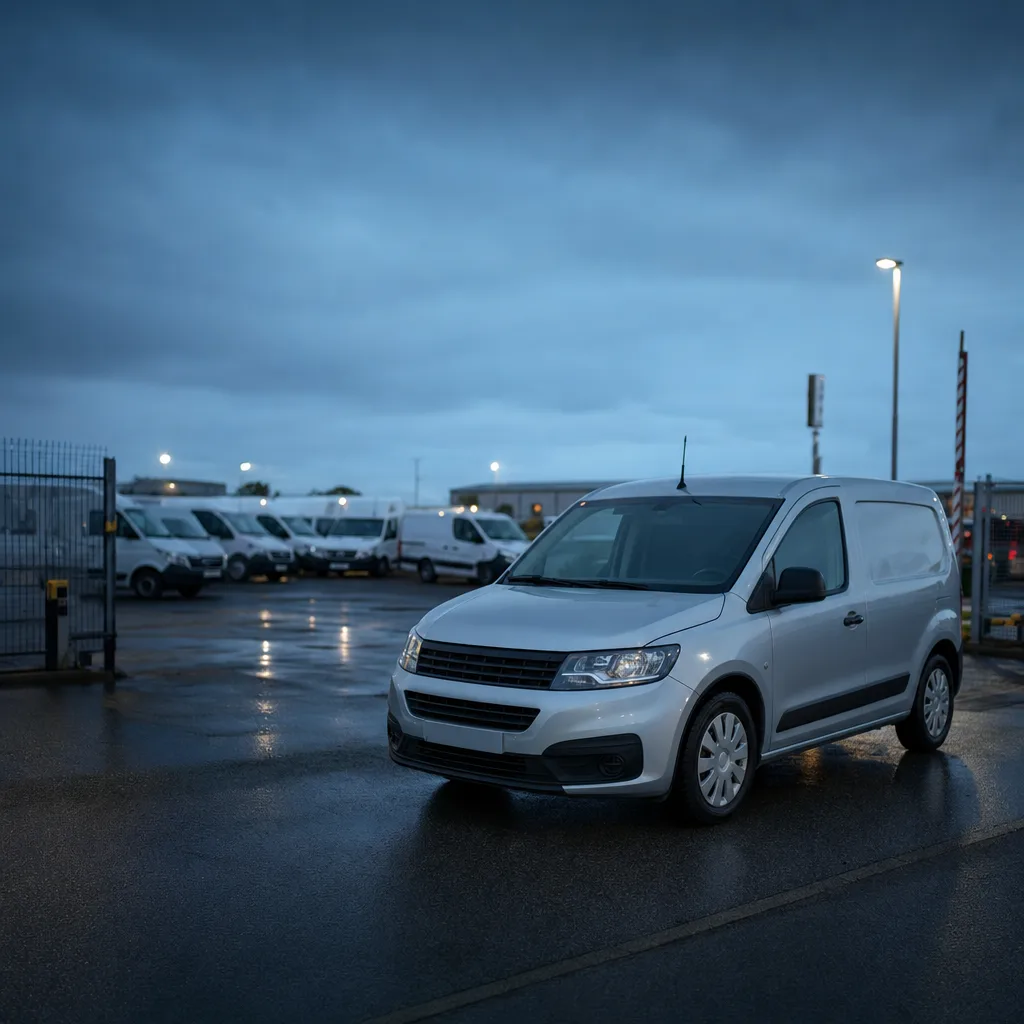 Unbranded rental van at a vehicle return lot after closing