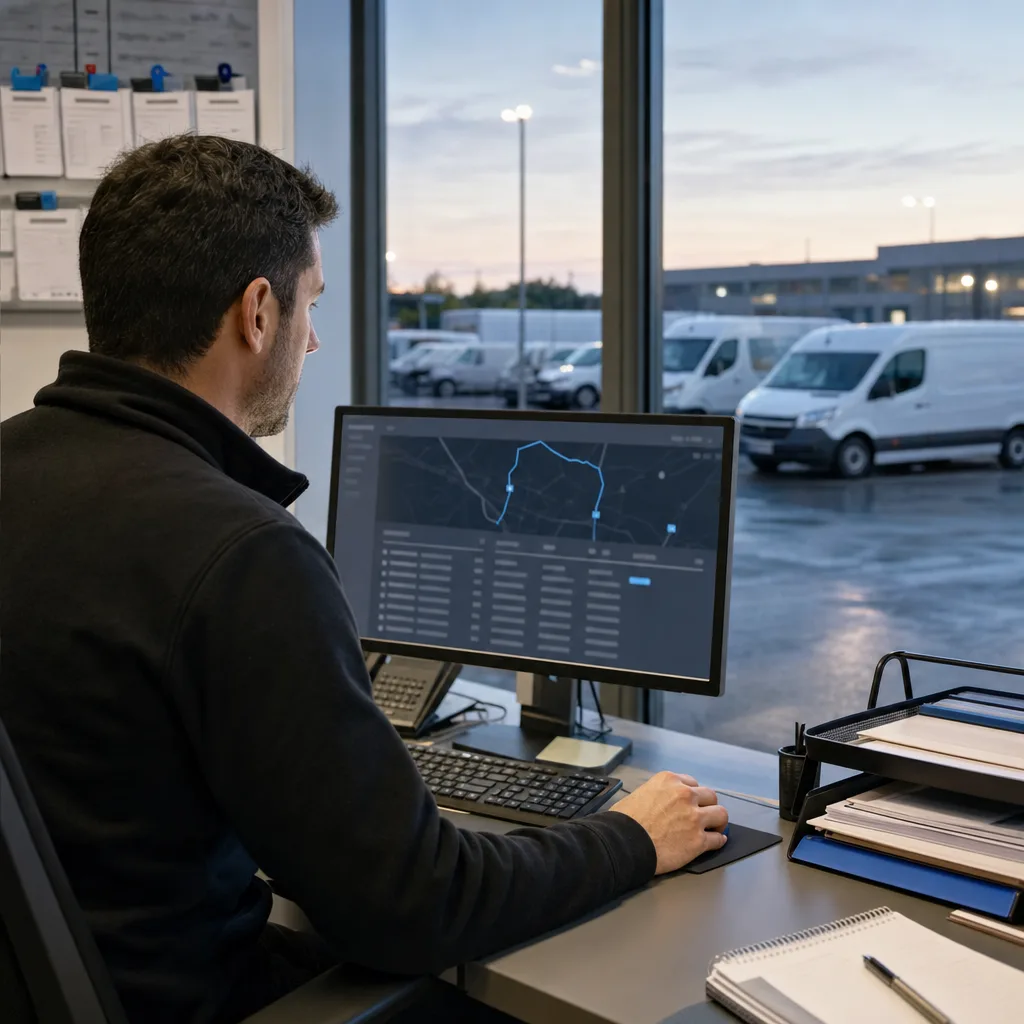 Rental operations employee reviews a reported vehicle route while the rental lot remains visible
