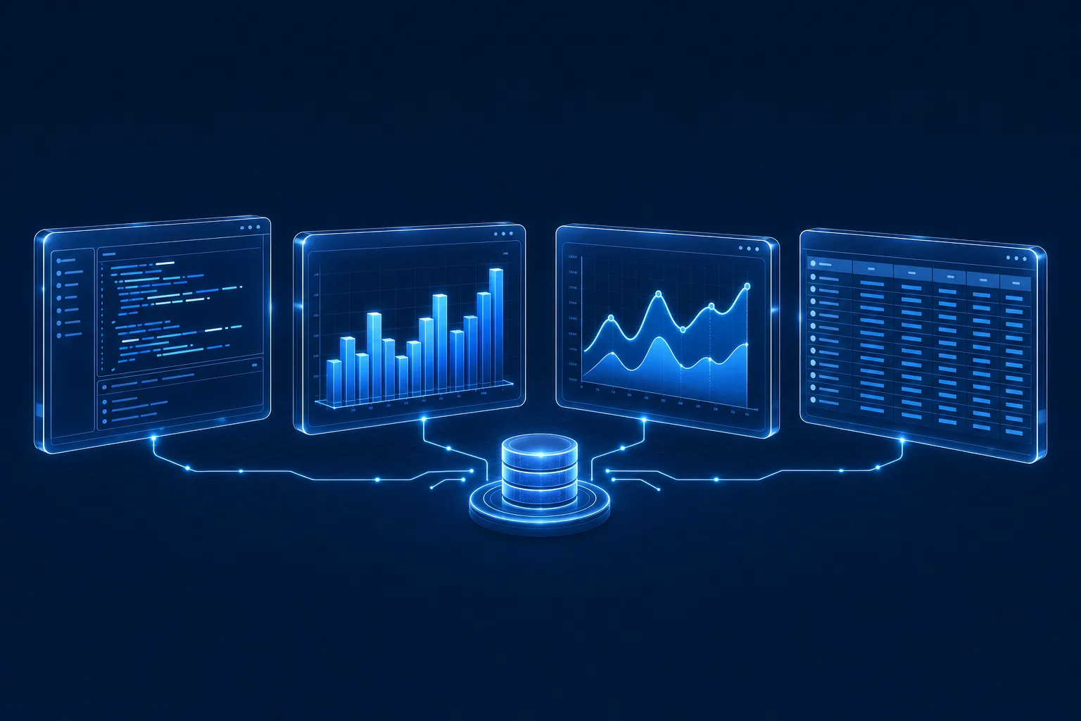 Holographic analytics cockpit showing a SQL query console connected to bar charts, line charts, and a data table around a central database node