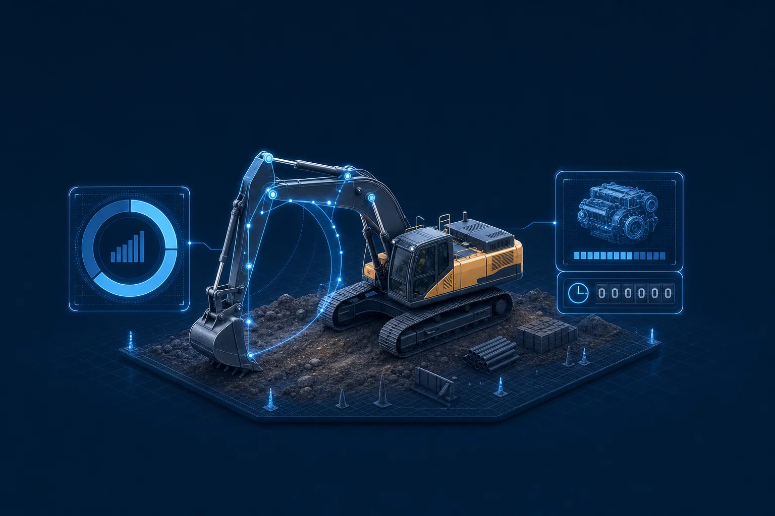 Isometric excavator on a jobsite with telemetry overlays showing a utilization gauge, engine-hour readout, and boom-movement tracking data