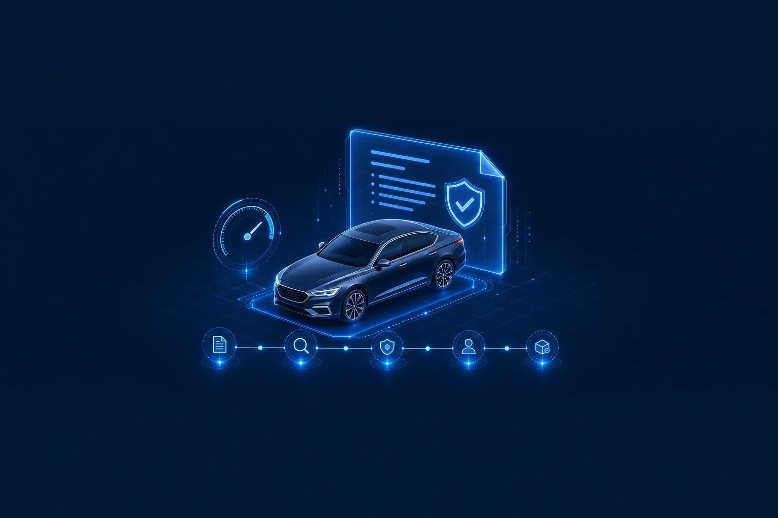 Leased vehicle with a digital contract panel showing a compliance checkmark shield, mileage gauge, and an audit-trail timeline of contract milestones