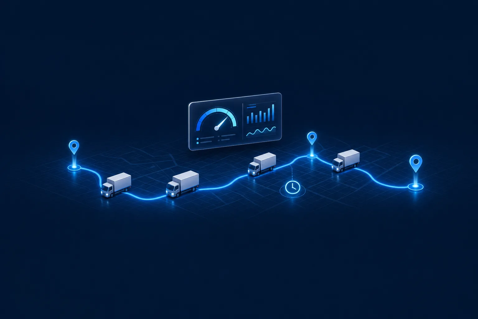 Fleet of delivery trucks moving along a glowing route with waypoint markers, a dwell-time clock, and a KPI gauge panel overlaid on a dark map grid