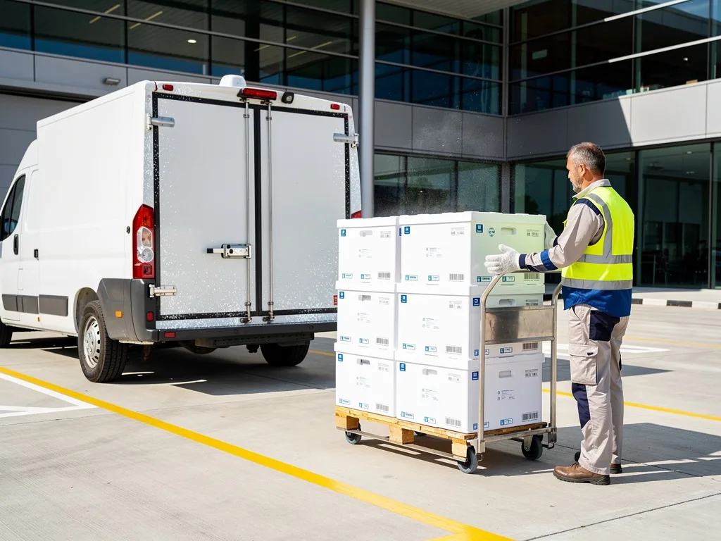 Worker delivering temperature-controlled pharmaceutical packages from a refrigerated van