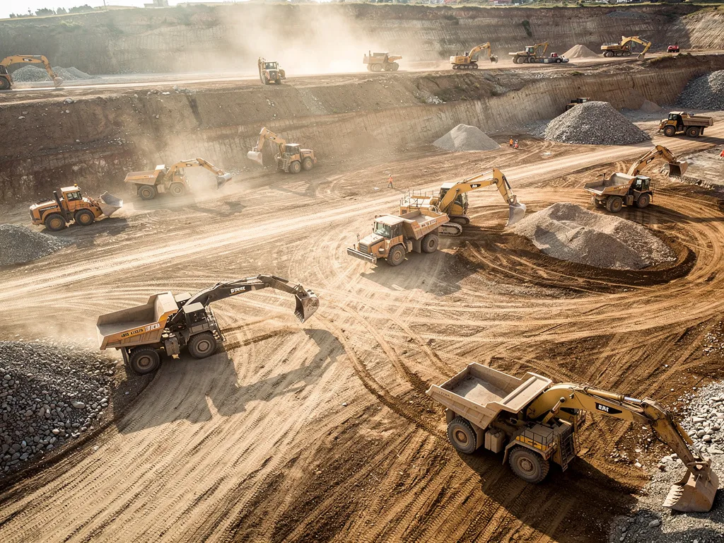Excavators and loaders operating on a construction and mining job site