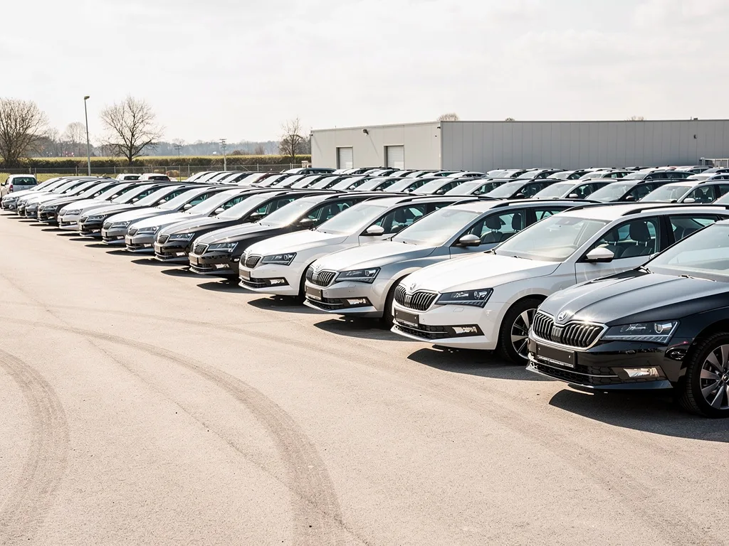 Rows of leased passenger cars, sedans and hatchbacks, parked at a leasing lot