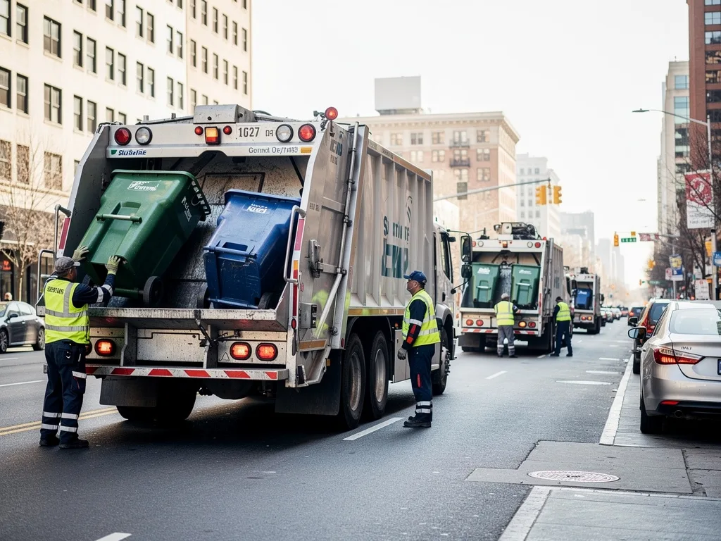 Waste collection trucks and crew in operation on a city street