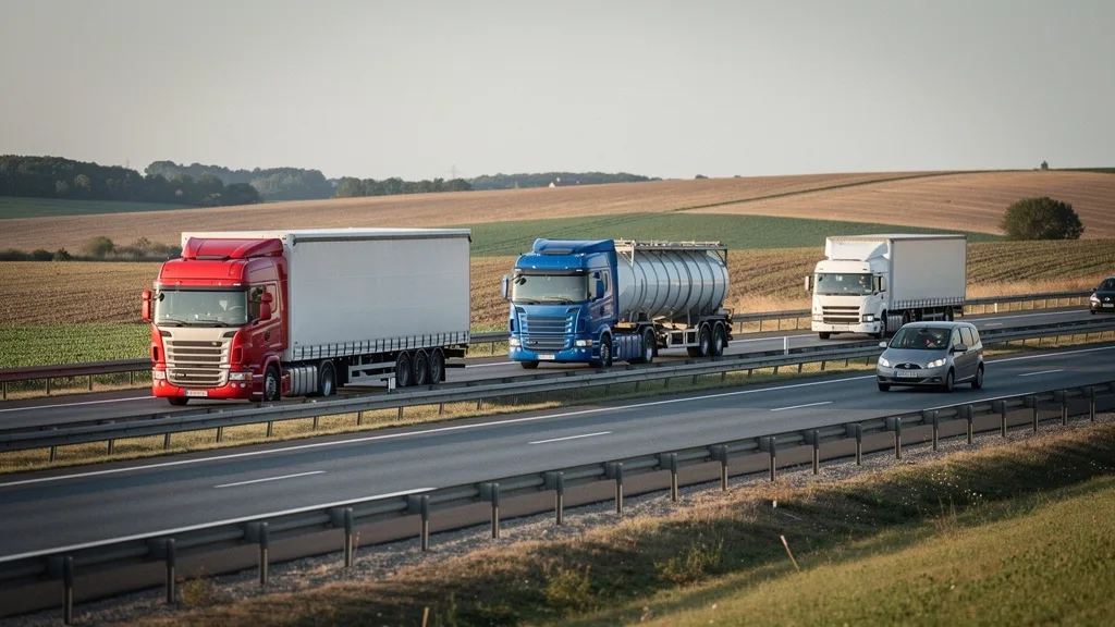 European motorway with trucks of different makes — a red curtainside tractor, a blue tanker truck, a white box truck and a silver van — in moderate traffic between farm fields