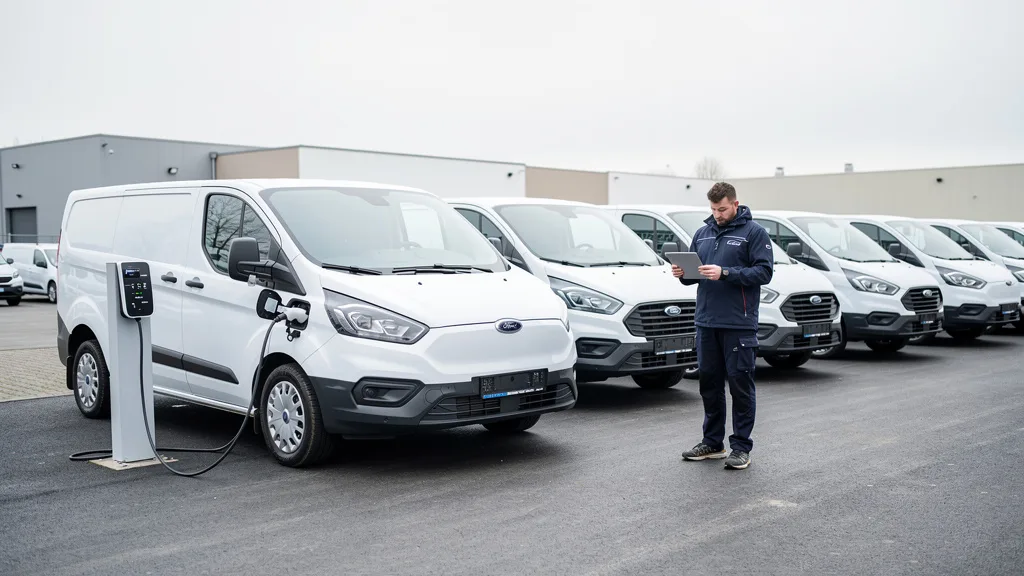 Row of white Ford delivery vans at a fleet depot, the nearest one connected to an EV charging post while a fleet coordinator reviews data on a tablet
