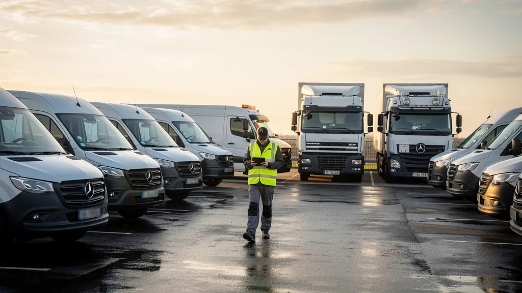 Mixed commercial fleet depot at dawn: delivery vans and heavy trucks of different makes parked in rows while a fleet operations worker walks between them with a tablet