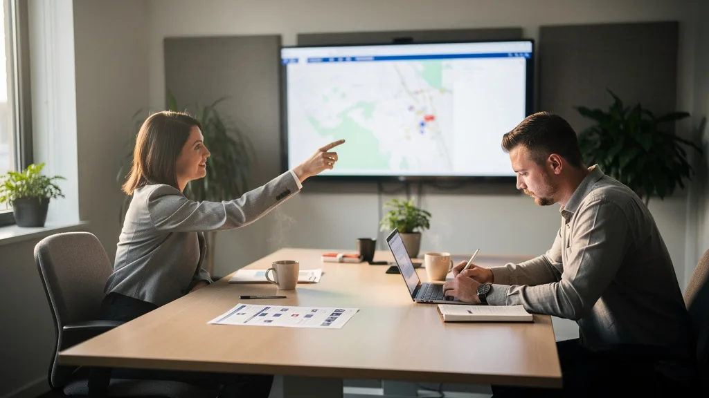 Two fleet operations colleagues in a small dispatch office, one pointing at a wall monitor with a map view while the other takes notes at a laptop