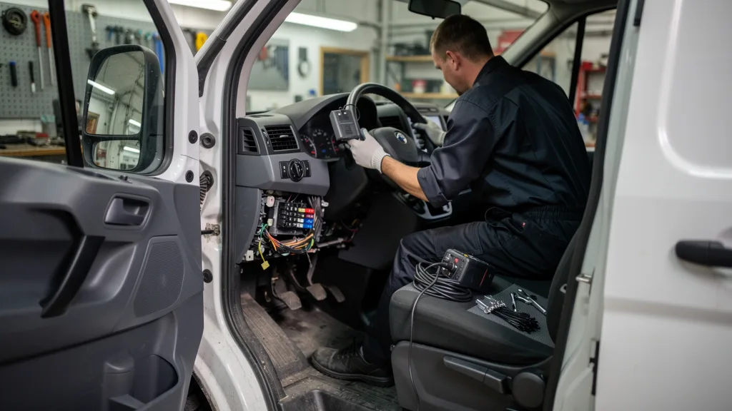 Technician installing an aftermarket GPS tracking device under the dashboard of a commercial van in a workshop