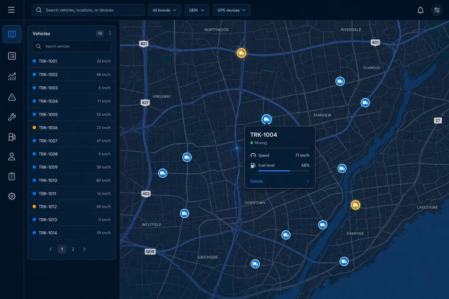 Live fleet map in a telematics platform showing vehicles from multiple sources on one city map, with a selected vehicle popover displaying speed and fuel level, and filter chips for all brands, OEM, and GPS devices