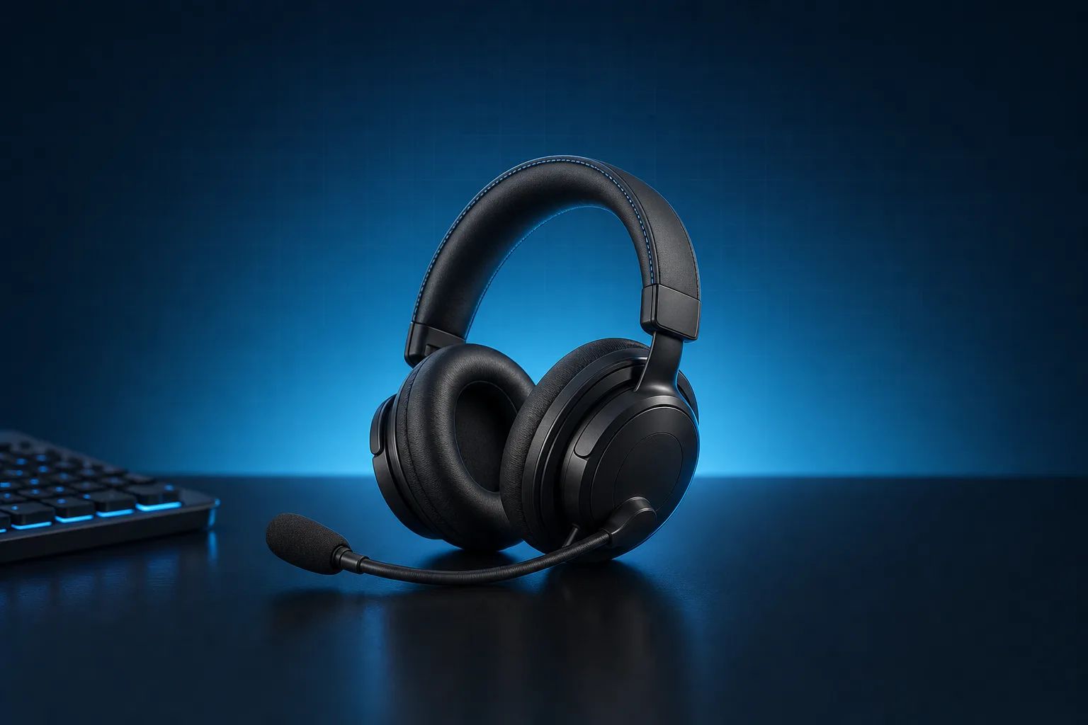 Dispatcher headset on a desk beside a backlit keyboard