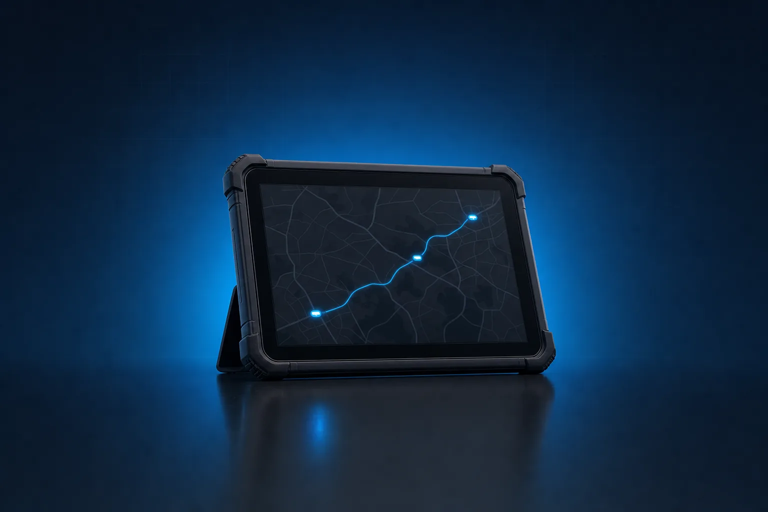 Rugged tablet showing a live route on a dark fleet map