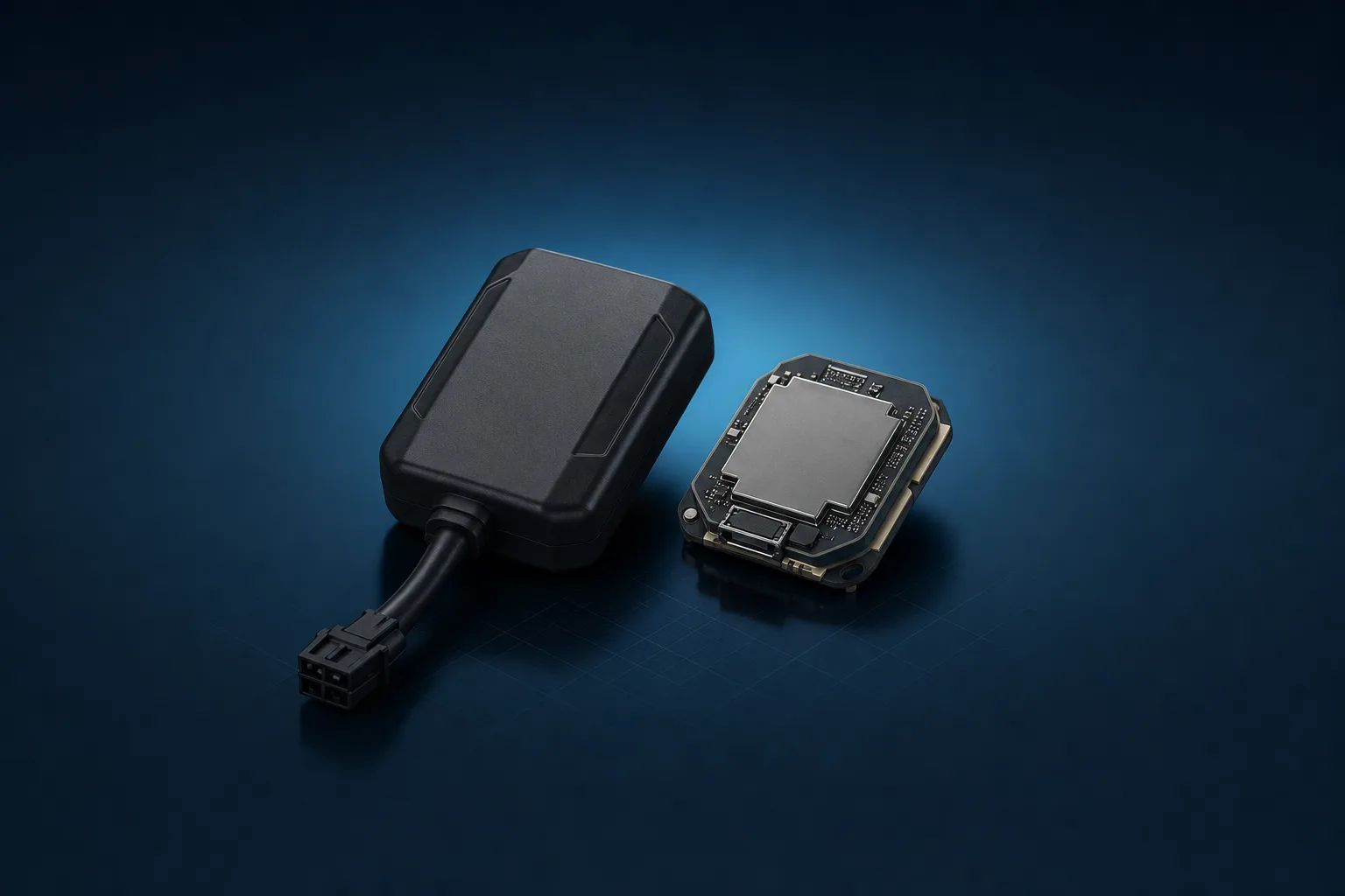 Aftermarket GPS tracker next to an embedded OEM connectivity module