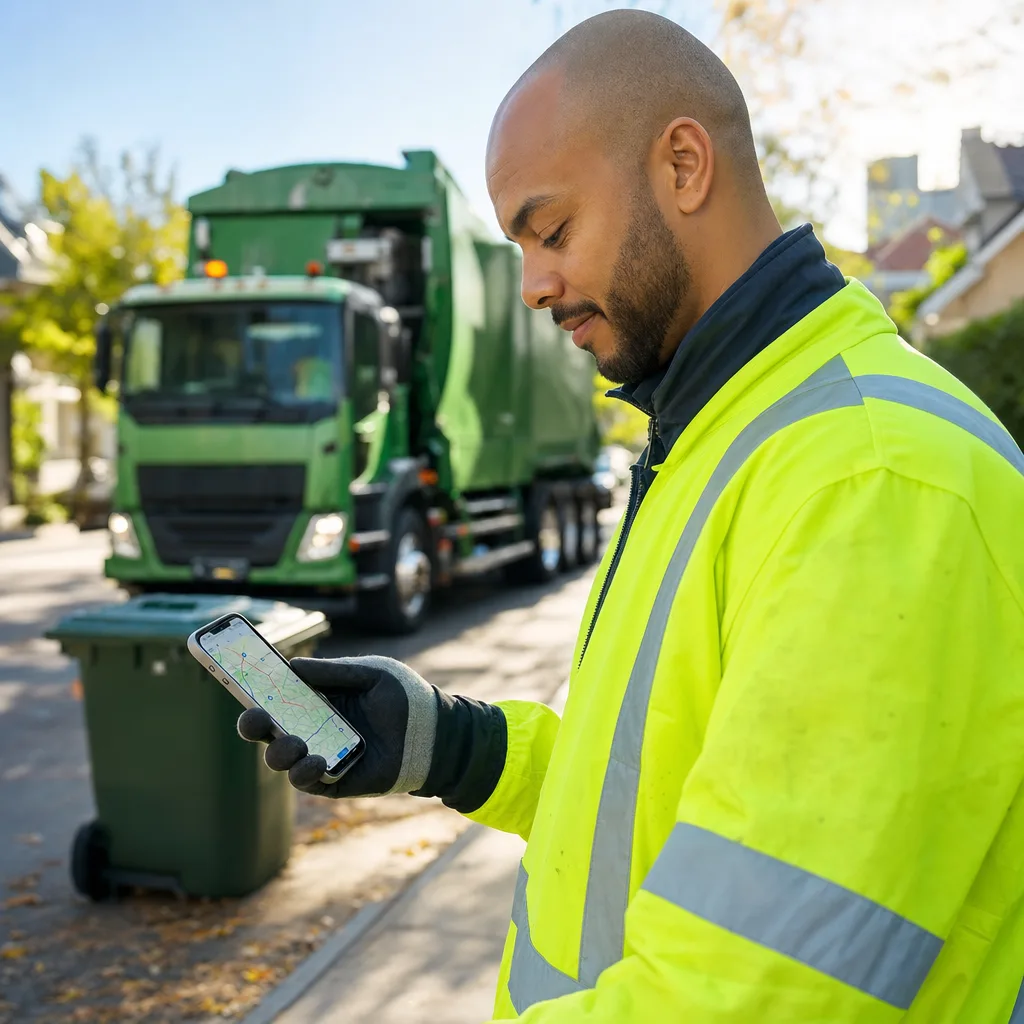 Close-up of a waste collection crew member in a hi-vis jacket checking the next task and route on the Navixy X-GPS app, a collection truck softly blurred behind on a city street