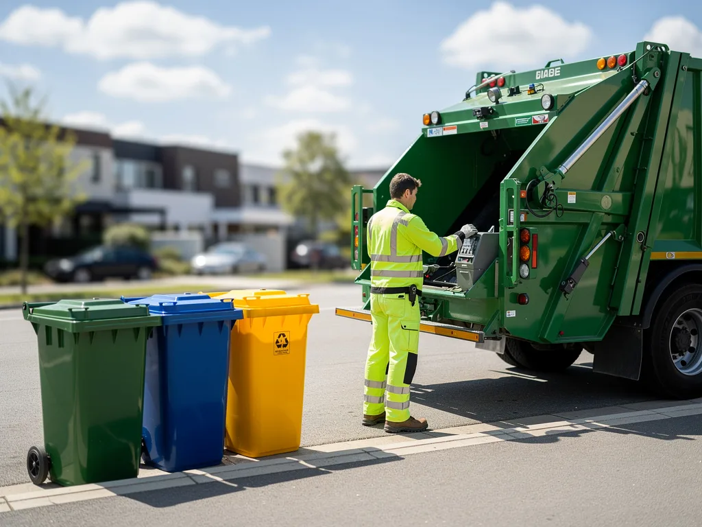 Sanitation worker in a hi-vis uniform operating a green recycling collection truck beside separated recycling bins on a city street