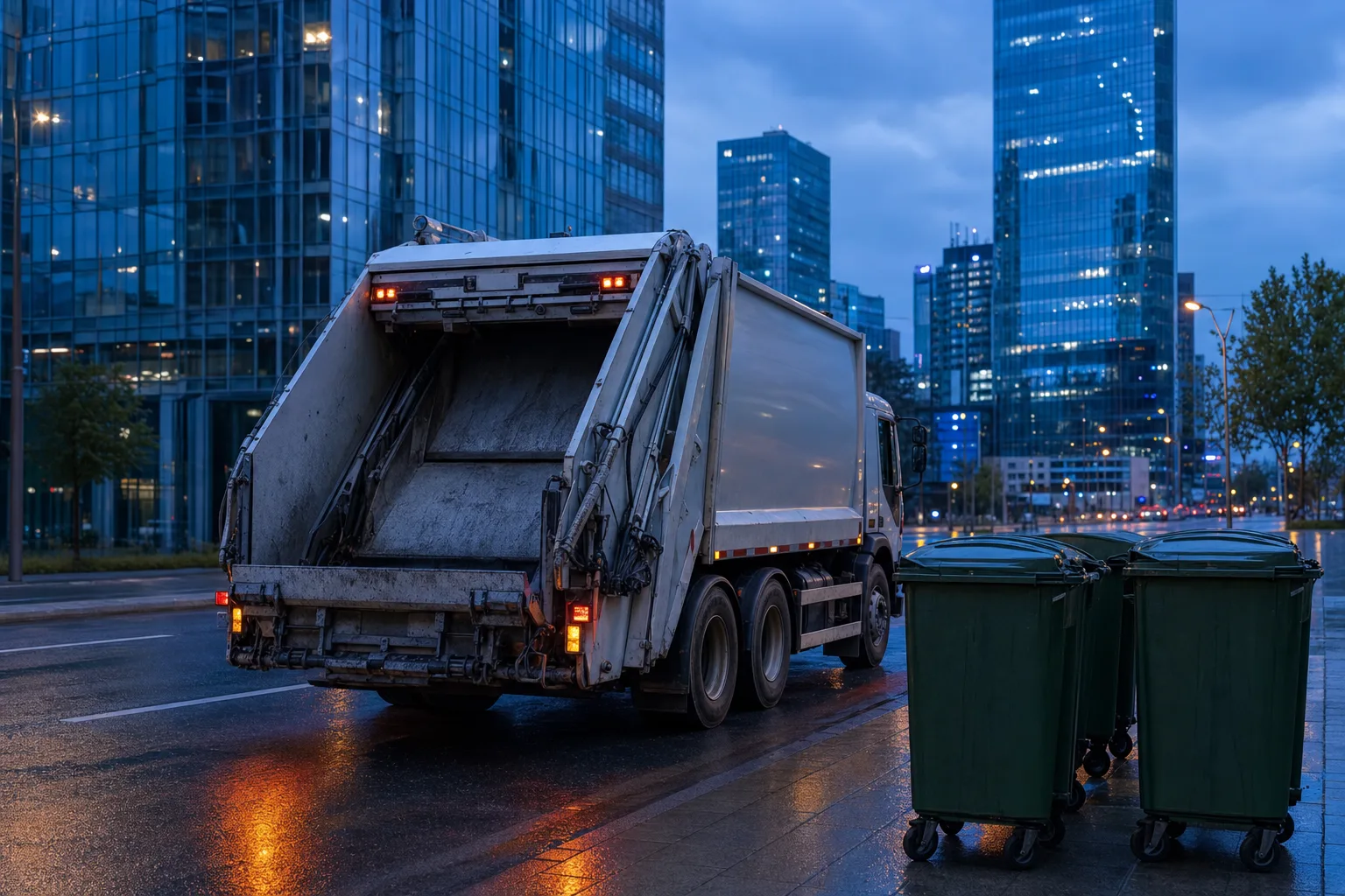 Waste collection truck approaching containers in a metropolitan area